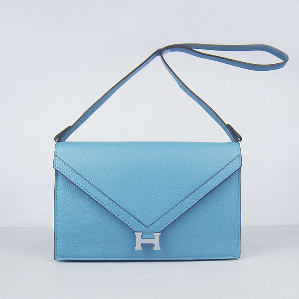 7A Hermes Togo Leather Messenger Bag Light Blue With Silver Hardware H021 Replica - Click Image to Close